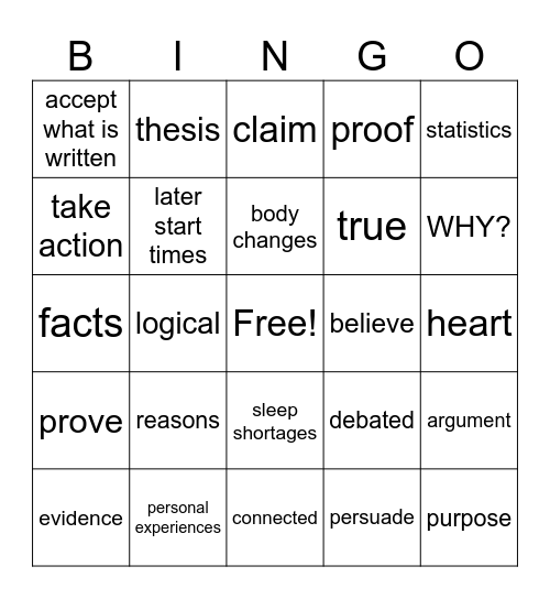 Elements of Argument Bingo Card