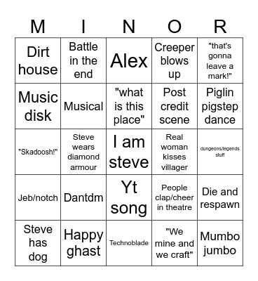 Minecraft bigno Bingo Card