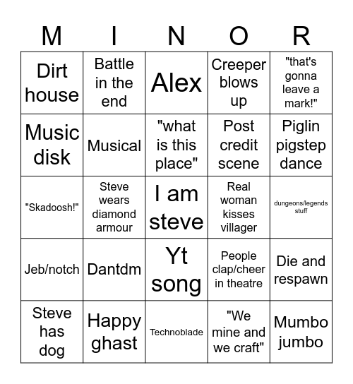 Minecraft bigno Bingo Card