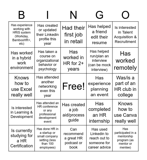 HR Networking Bingo Card
