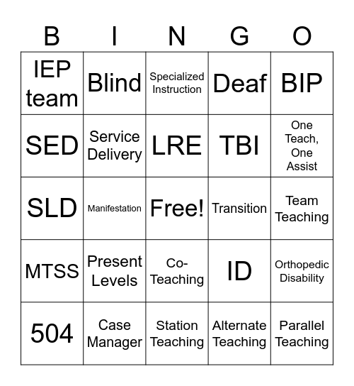 Special Education Bingo Card