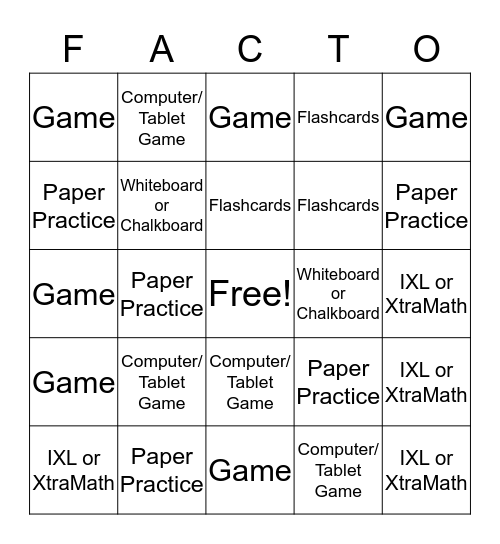 Math FACTO Bingo Card