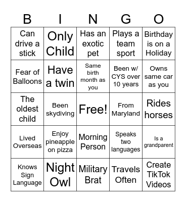 Getting to Know You! Bingo Card