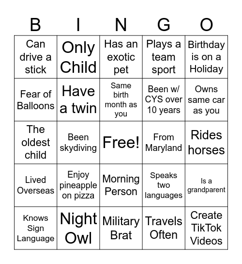 Getting to Know You! Bingo Card