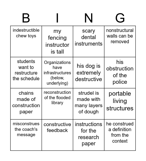 struct, stru, strue Bingo Card