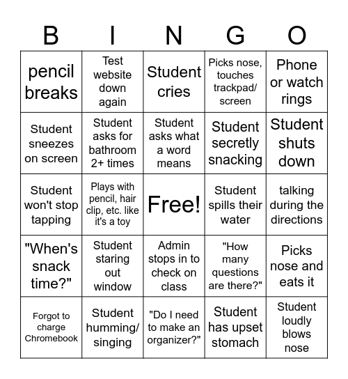 State Test Bingo Card