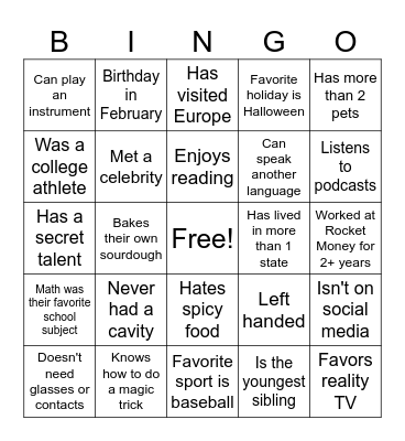 Team Building Bingo Card