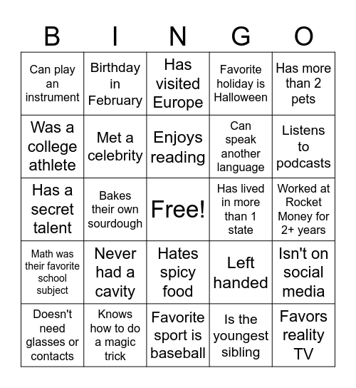 Team Building Bingo Card