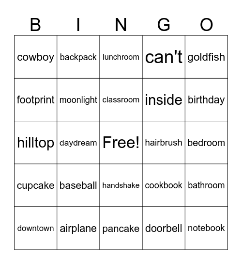 U2 W3 Compound Words Bingo Card