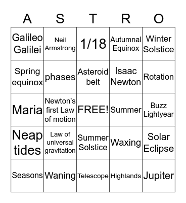 Earth, Sun, & Moon Bingo Card