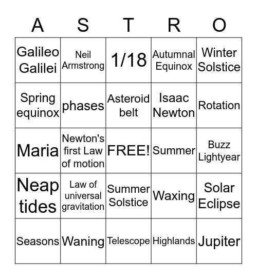 Earth, Sun, & Moon Bingo Card