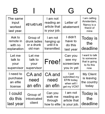 Generic Tax card Bingo Card