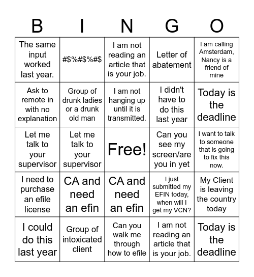 Generic Tax card Bingo Card