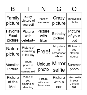 Cell phone Scavenger Hunt Bingo Card