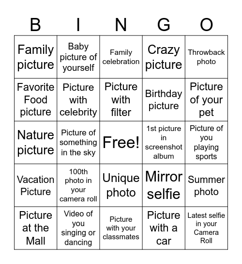 Cell phone Scavenger Hunt Bingo Card
