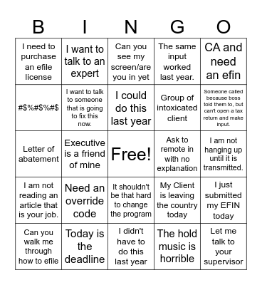 Tax deadline Bingo card Bingo Card