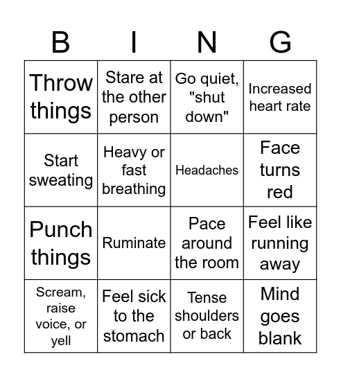 Anger Warning Signs Bingo Card
