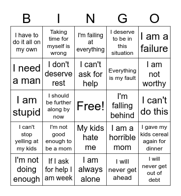 Single Mom Guilt Bingo Card