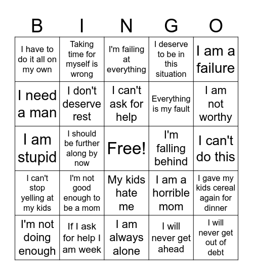 Single Mom Guilt Bingo Card