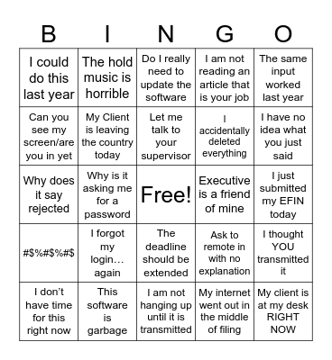 Tax deadline card Bingo Card