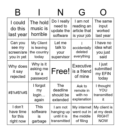 Tax deadline card Bingo Card