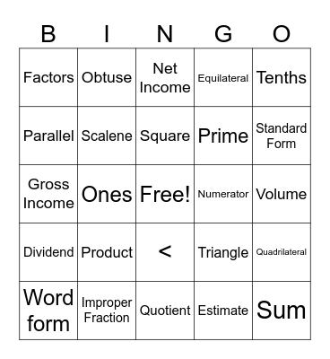 5th Grade Math Vocabulary Bingo Card