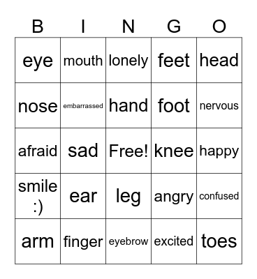 Body & Emotions Bingo Card