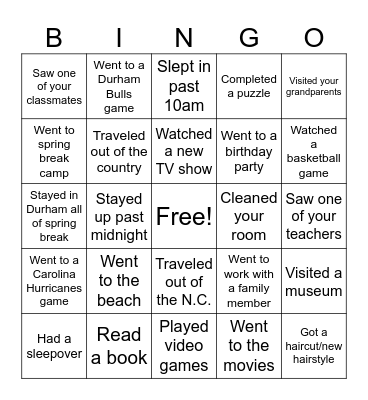 Spring Break Bingo Card