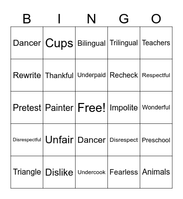 Suffix and Prefix Bingo Card