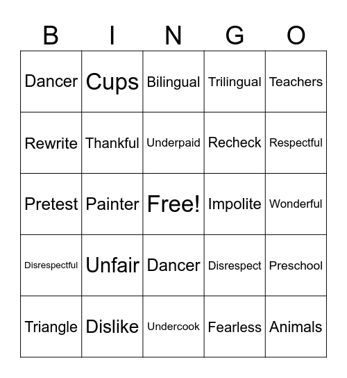Suffix and Prefix Bingo Card