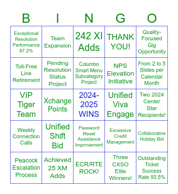 ECR/RTE 2024 - 2025 Wins "BINGO" Bingo Card