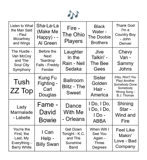 TOP SONGS FROM 50 YEARS AGO - 1975 Bingo Card