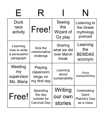 Ms. Erin's Bingo Card