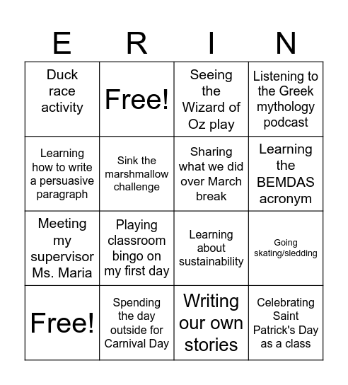 Ms. Erin's Bingo Card