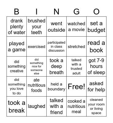 Self Care BINGO Card