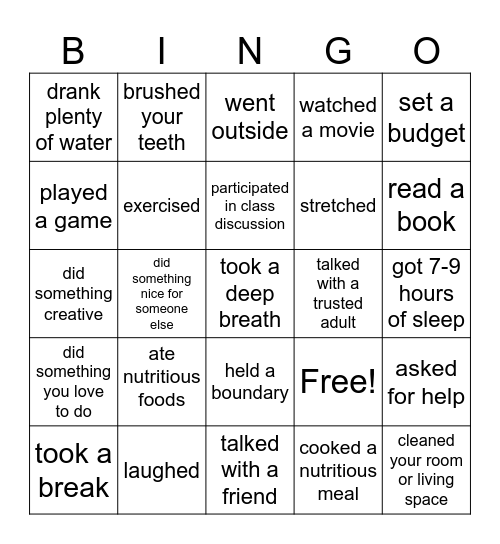 Self Care BINGO Card