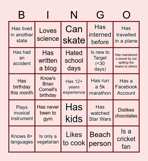 GTKY Bingo Card
