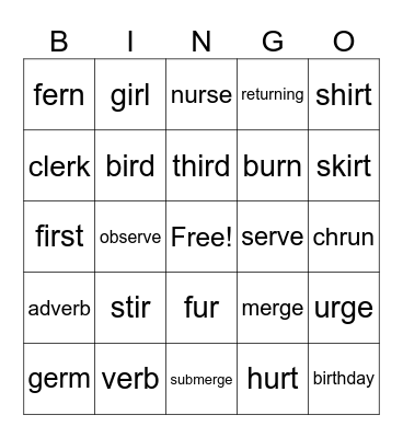 U3 W2 r-controlled vowels Bingo Card