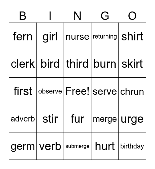 U3 W2 r-controlled vowels Bingo Card