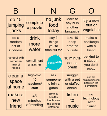 D34 3rd-5th Grade Student #BeWell34 Bingo (April 7-11) Bingo Card