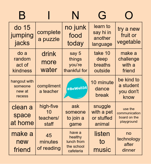 D34 3rd-5th Grade Student #BeWell34 Bingo (April 7-11) Bingo Card