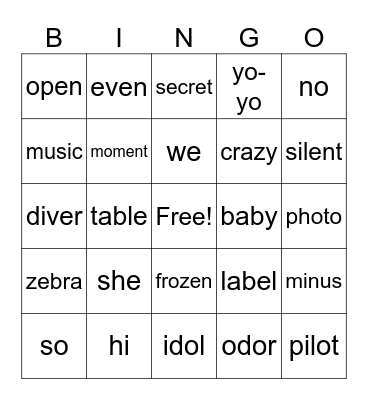 U4 W1 Open Sylables Bingo Card