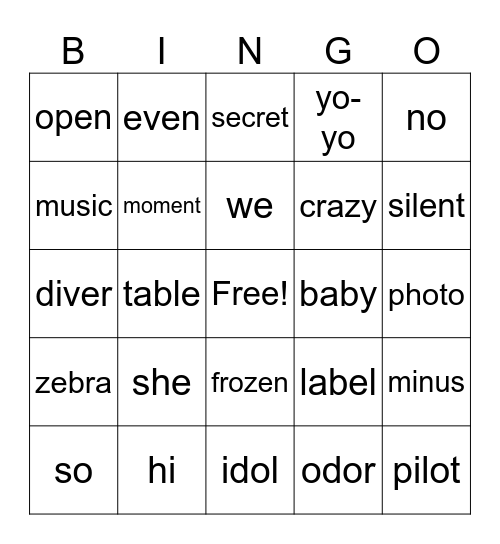 U4 W1 Open Sylables Bingo Card