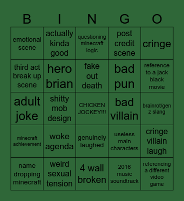 Minecraft Movie Bingo Card