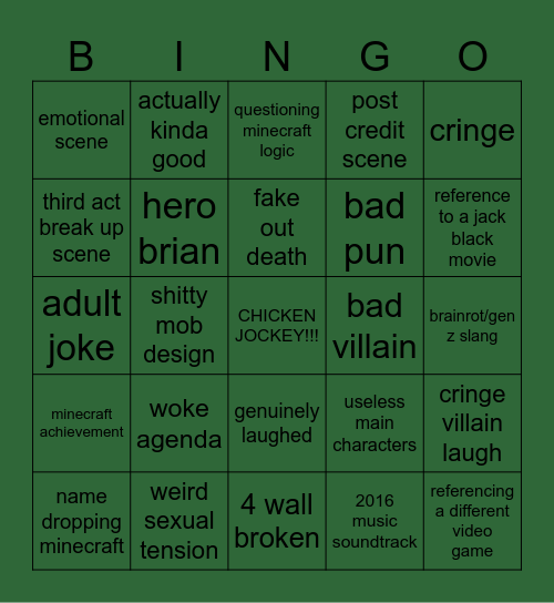 Minecraft Movie Bingo Card