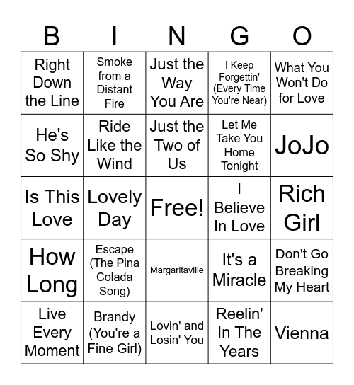 Yacht Rock Music Bingo Round 1 Bingo Card