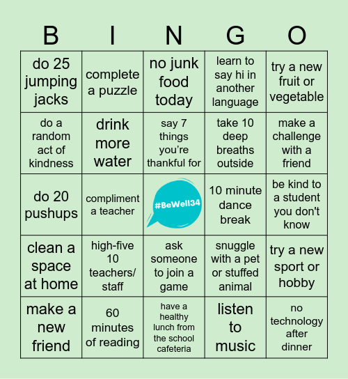 D34 6th-8th Grade Student #BeWell34 Bingo (April 7-11) Bingo Card
