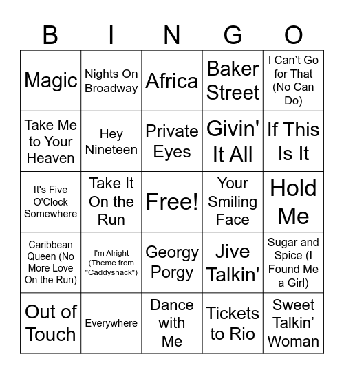 Yacht Rock Music Bingo Round 2 Bingo Card