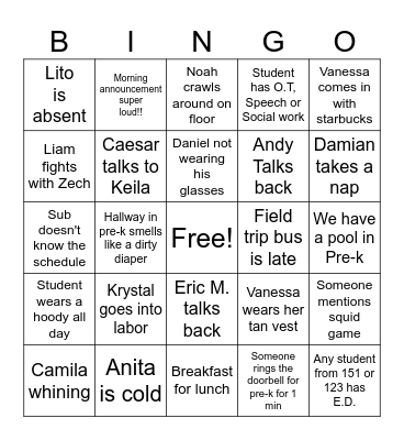 Wednesday's Bingo Card