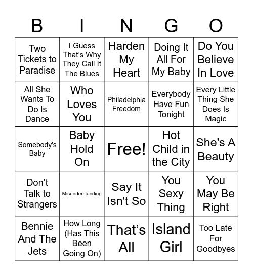 Yacht Rock Music Bingo Round 3 Bingo Card